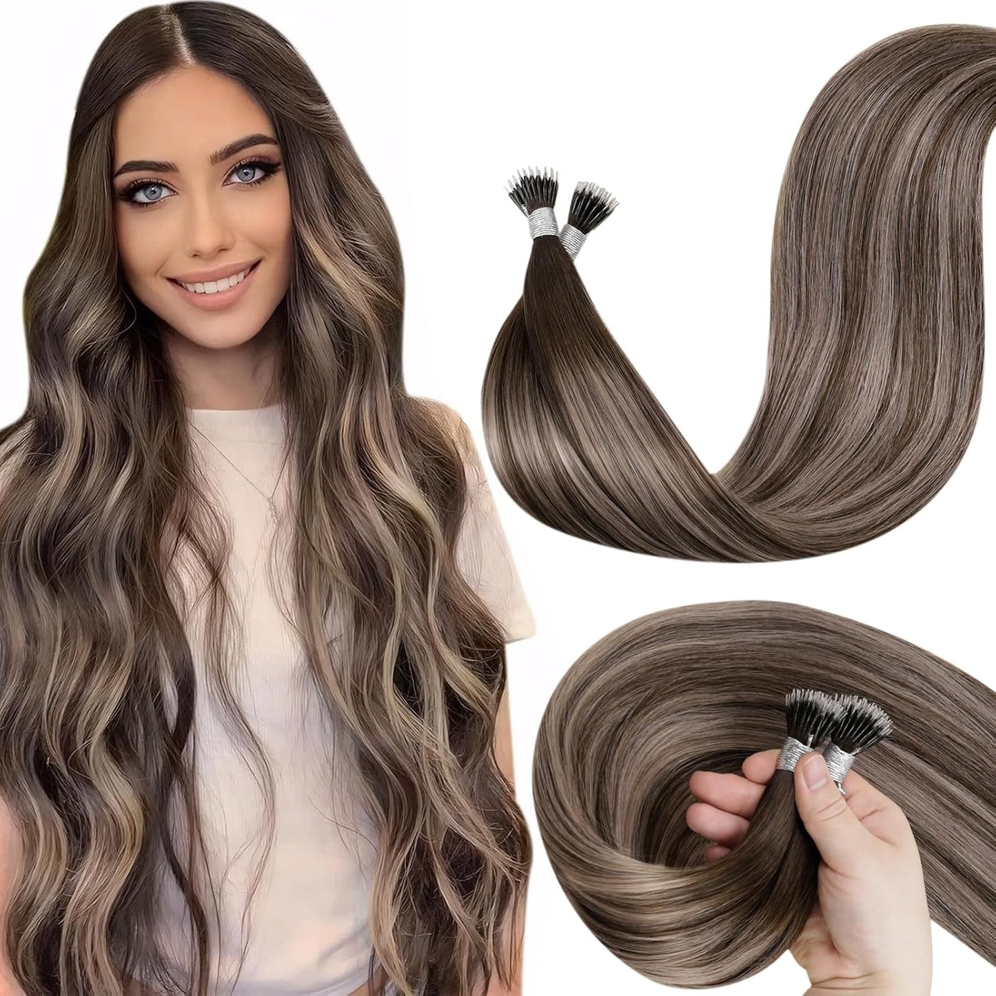 Luxury Nano Ring Hair Extensions (100g) 4/18/4 Dark Brown to Ash Blonde