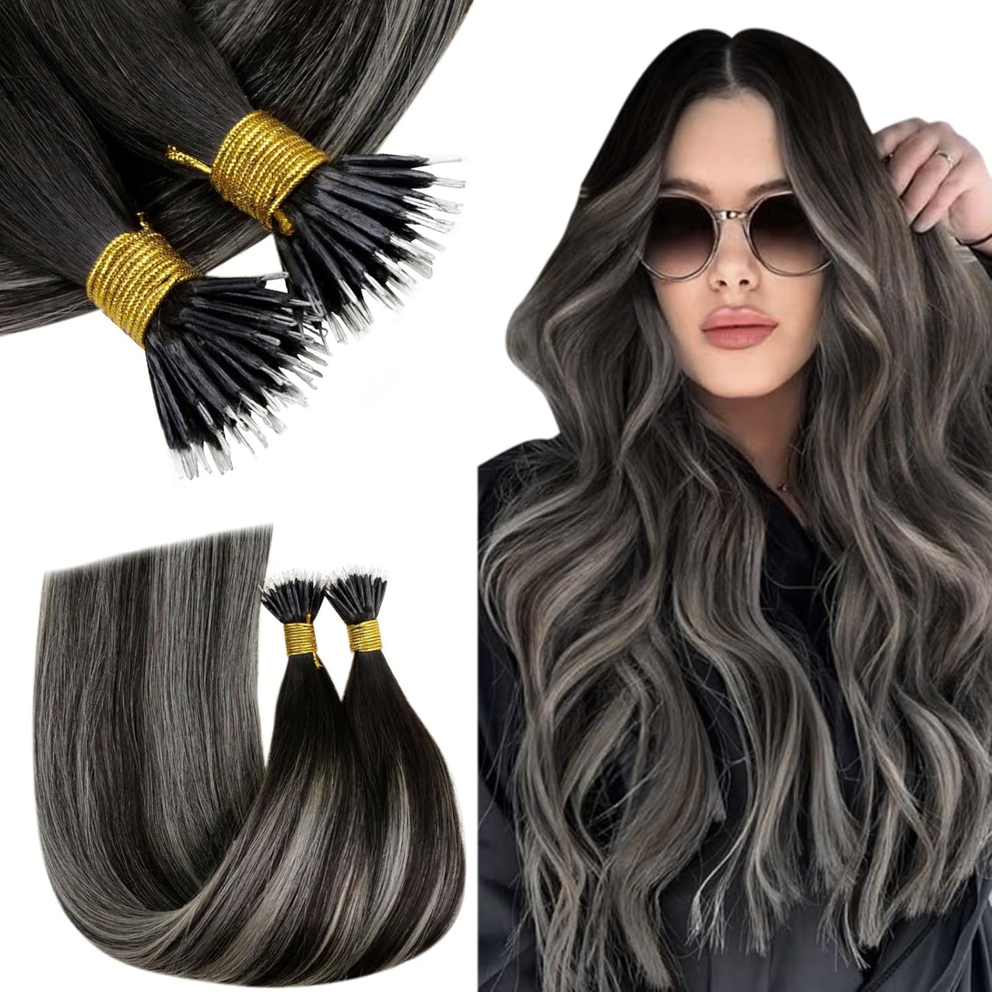 Luxury Nano Ring Hair Extensions (100g) #1B/S/1B Black Ombre Silver