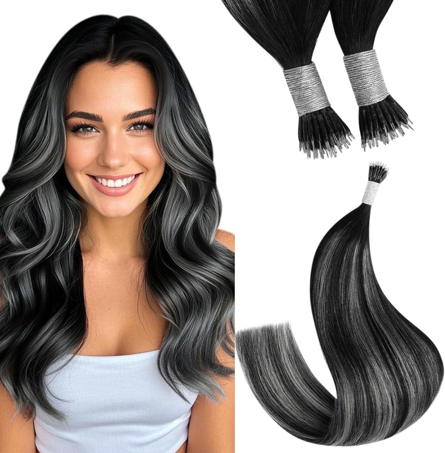 Luxury Nano Ring Hair Extensions (100g) #1B/S/1B Black Ombre Silver